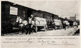 Horse and wagons lined up to represent the Lilly Line of Pharmaceuticals