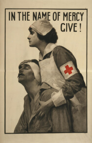 'In the name of mercy give!' by Albert Herter is a poster created and published in 1917 and used as a bond/blood drive poster.