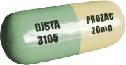 Green and cream colored Prozac® (fluoxetine hydrochloride, Lilly) capsule